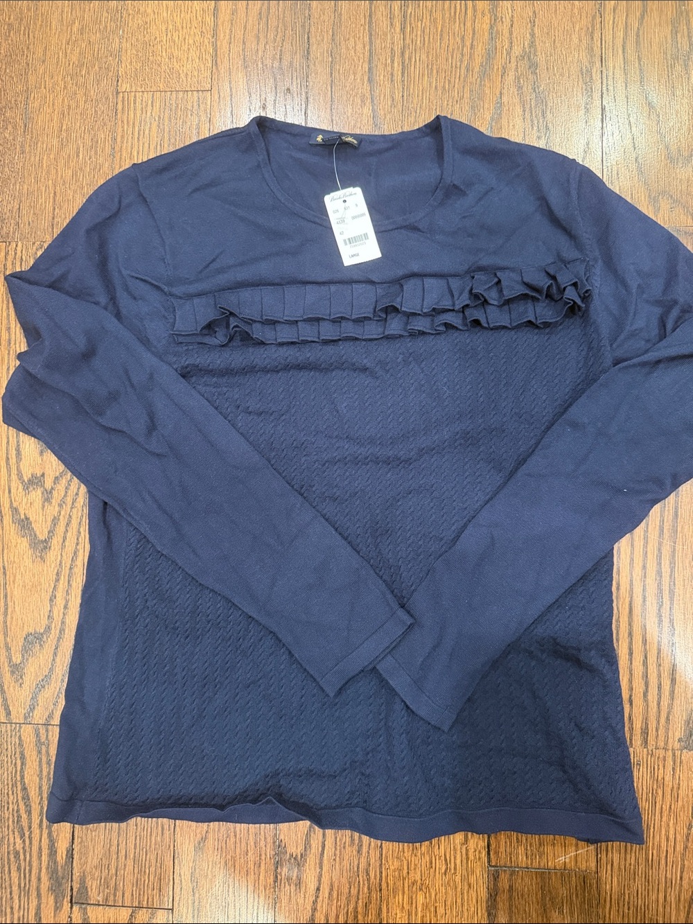 Brooks Brothers Navy Ruffle-Front Long Sleeve Top